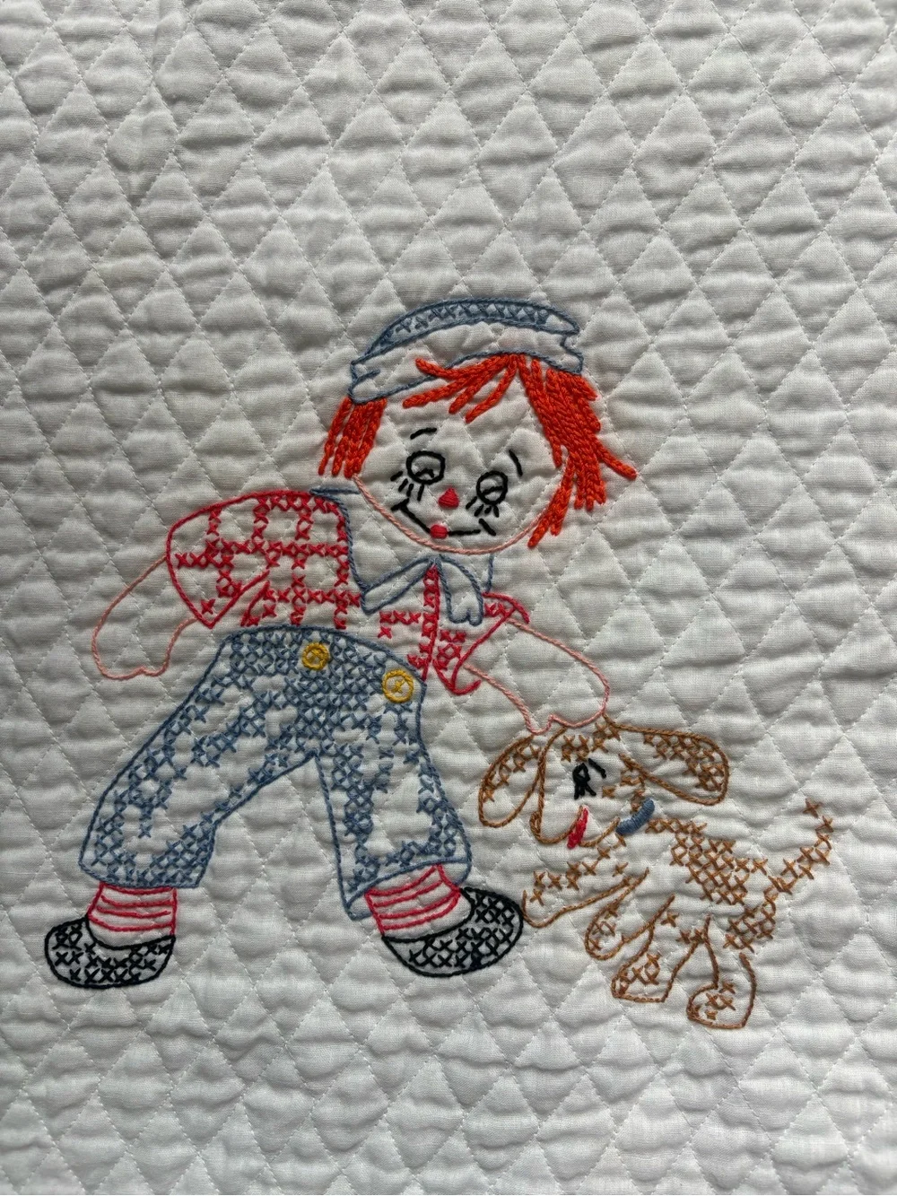 Handmade Raggedy Ann Quilted Baby Blanket - White with Red Accents